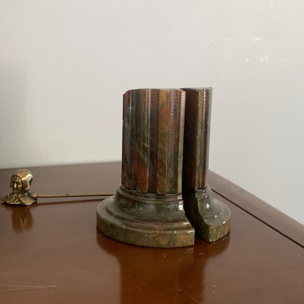 Vintage Brown Green Italian Carved Alabaster Split Column Bookends, A Pair 1950s